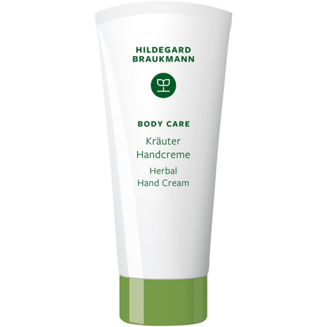Weisse Tube mit grünem Verschluss. Beschriftung: Hildegard Braukmann, Body Care, Kräuter Handcreme, Herbal Hand Cream.