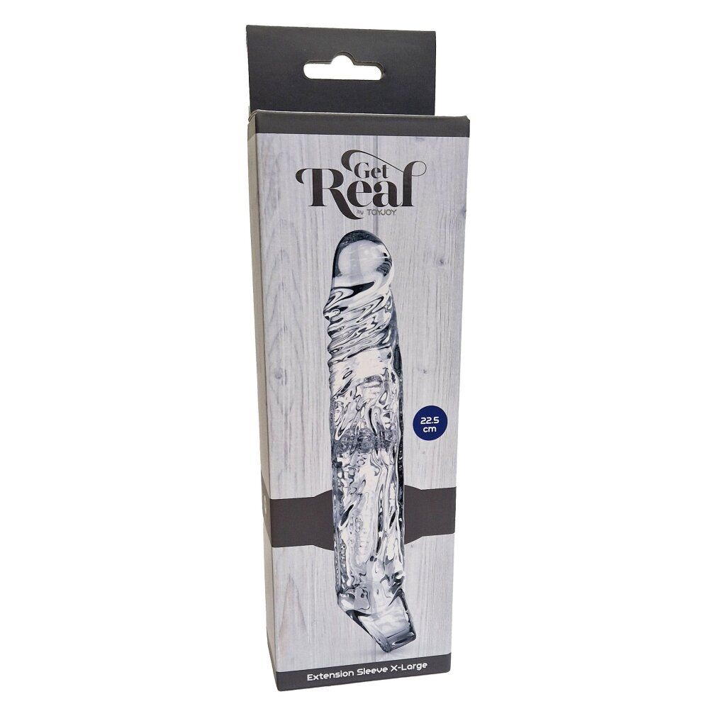 Produktverpackung. Rechteckige Box mit Produktabbildung. Aufschrift: Get Real. Text: Extension Sleeve X-Large. Maße: 22,5 cm.