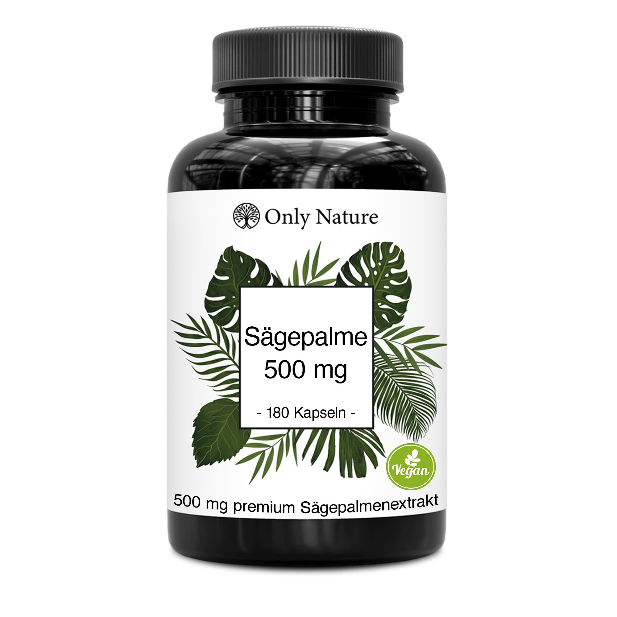 Schwarze Flasche mit weißem Etikett. Aufschrift: Sägepalme 500 mg, 180 Kapseln. Vegan-Siegel. Nur Nature Logo.