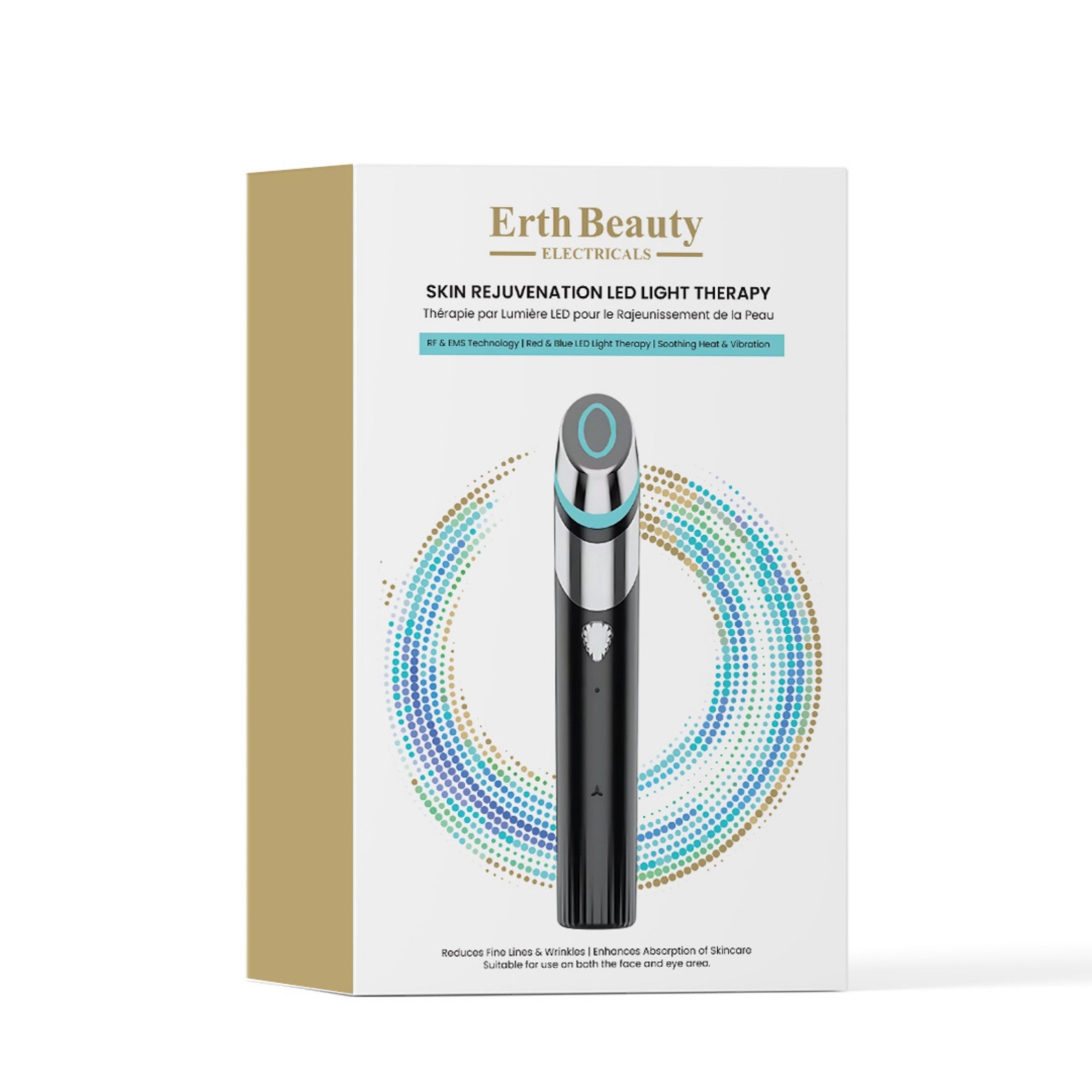 Erth Beauty LED-Lichttherapie-Gerät und Verpackung. Schwarzes Gerät mit blauem Licht. Text: Skin Rejuvenation LED Light Therapy.