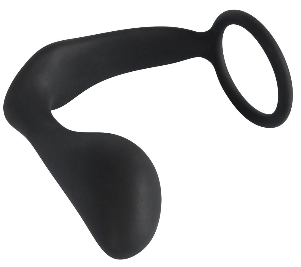 Schwarzer Penis-/Hodenring mit Analplug. Ringförmiger Griff, geschwungener Schaft und konischer Plug-Form.