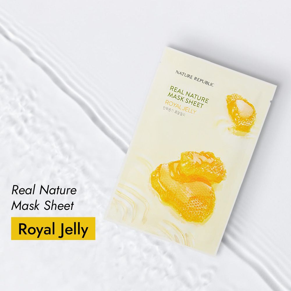 Verpackung einer Gesichtsmaske. Aufschrift: REAL NATURE MASK SHEET, ROYAL JELLY. Abbildung von Honigwaben.