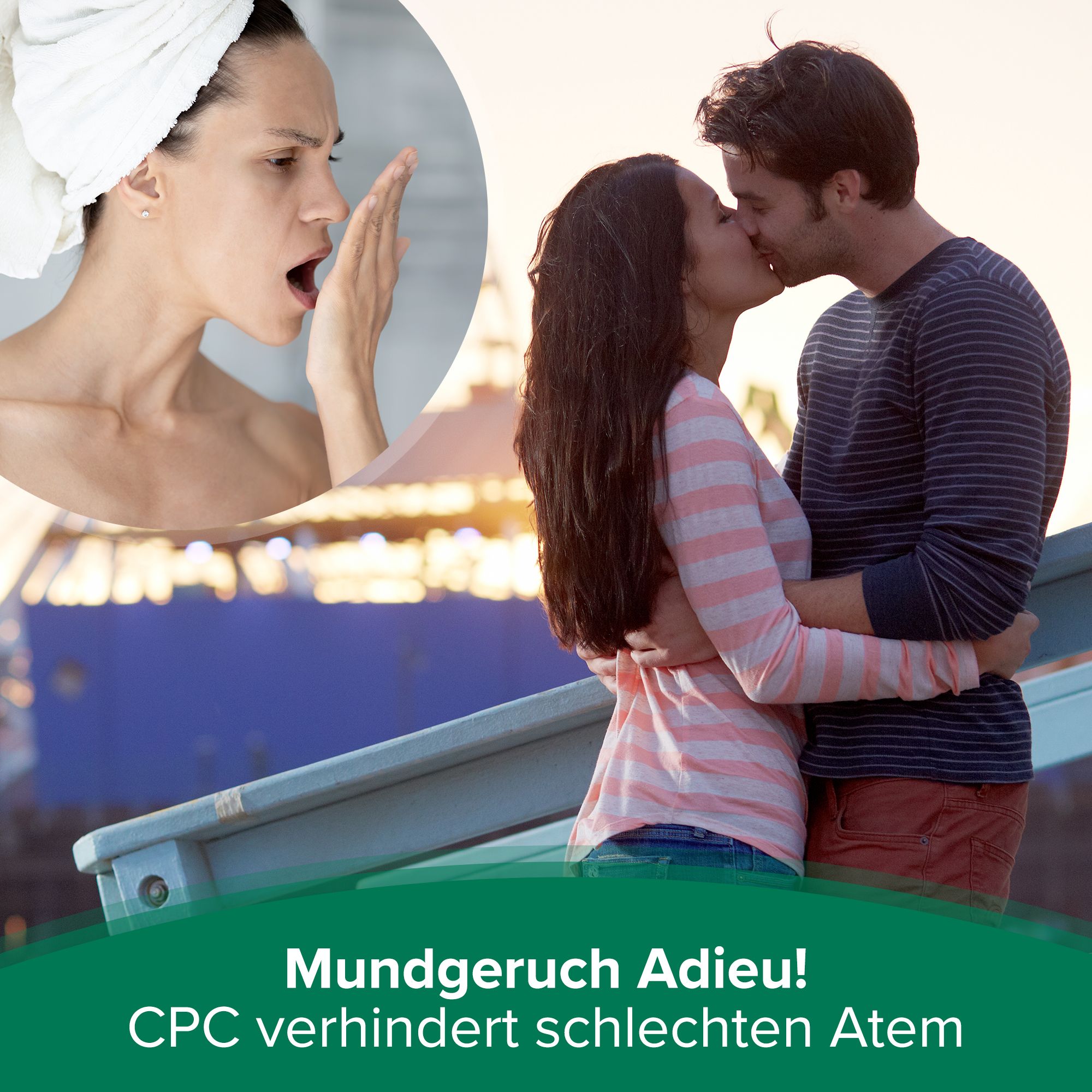 Zahnpasta-Tube mit Text und Personen. Mundgeruch Adieu! CPC verhindert schlechten Atem. Premium Care & Multi Benefit. Mit Natriumfluorid.