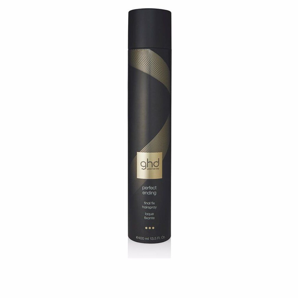 Schwarze Haarspray-Dose mit goldfarbenem "ghd" Logo und "perfect ending final fix hairspray".