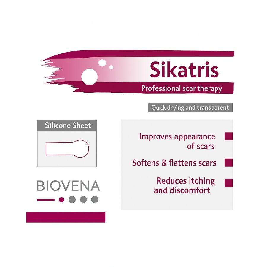 Grafik mit Produktinformationen. Zeigt „Sikatris“ und „BIOVENA“. Enthält Text über die Eigenschaften des Produkts und ein Silikonblatt.