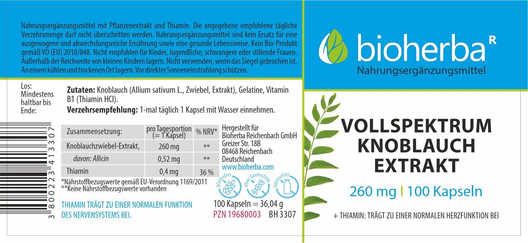Etikett mit Produktname und Marke: Bioherba. Text: Vollspektrum Knoblauch Extrakt. Enthält Informationen zu Inhaltsstoffen und Nährwerten.