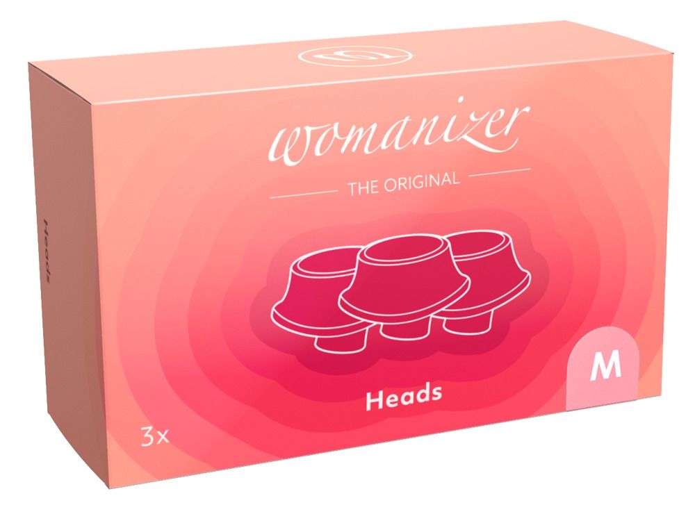 Verpackung mit drei rosa Ersatzkappen für Womanizer 'Heads'.