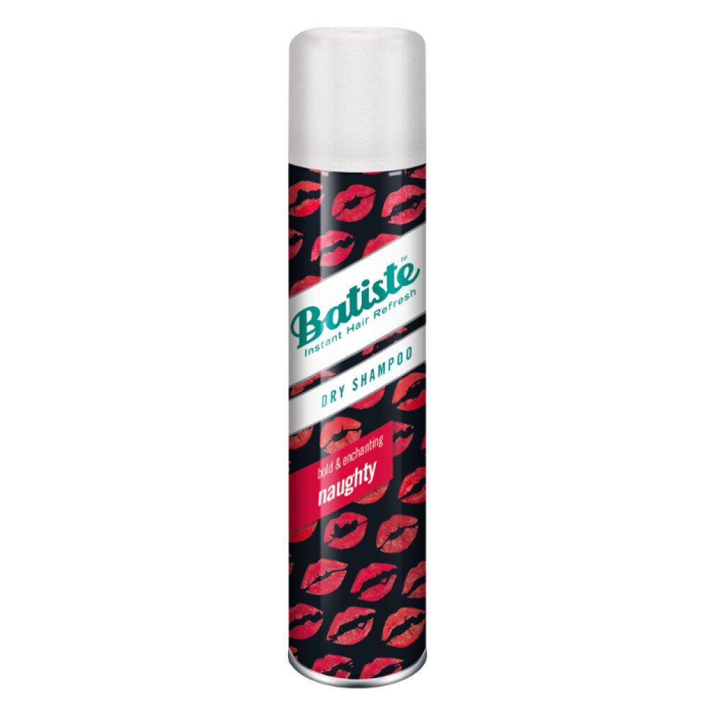 Batiste Trockenshampoo. Zylindrische Dose mit rotem Lippenmuster. Weißer Deckel. Schriftzug: Batiste, Dry Shampoo, Naughty.