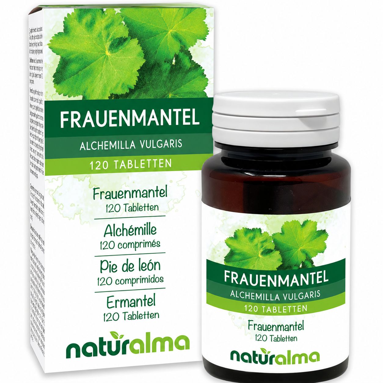 Flasche und Karton mit Frauenmantel-Tabletten von naturalma.