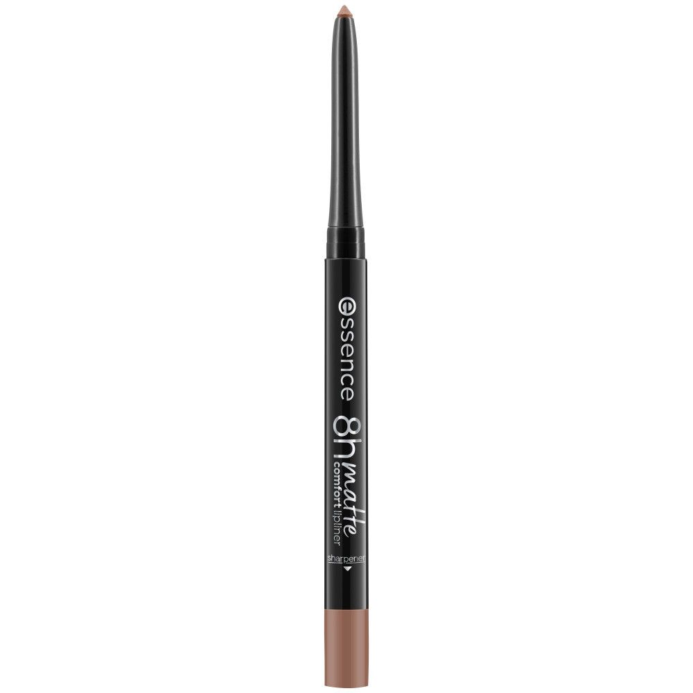 Lippenstiftstift mit schwarzem Schaft und brauner Mine. Aufschrift: essence 8h matte comfort liner.