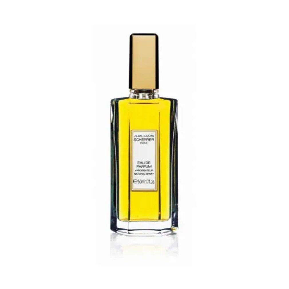 Parfümflasche mit goldfarbenem Verschluss. Aufschrift: Jean-Louis Scherrer, Paris. Eau de Parfum, Natural Spray, 50ml.
