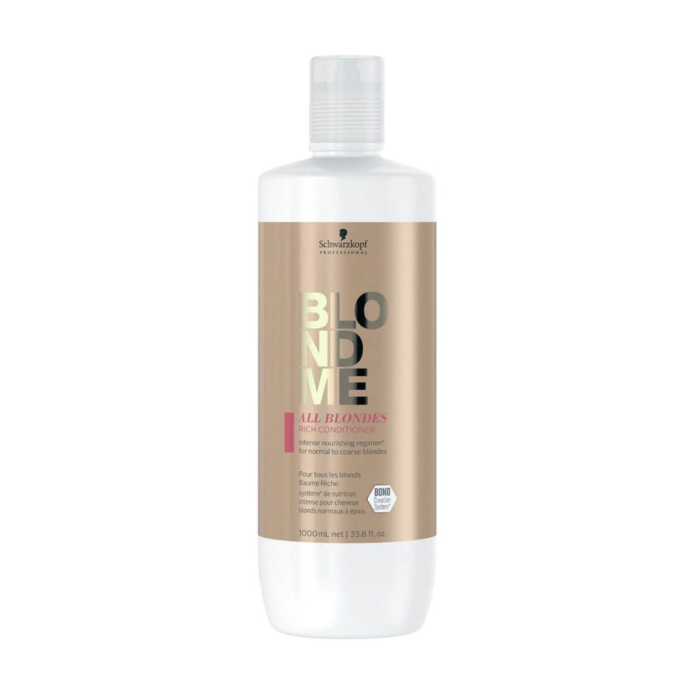 BlondMe All Blondes Rich Conditioner Flasche. Weiß-goldene Verpackung. Schwarzkopf-Logo. Text: Bond Enforcing. 1000ml.