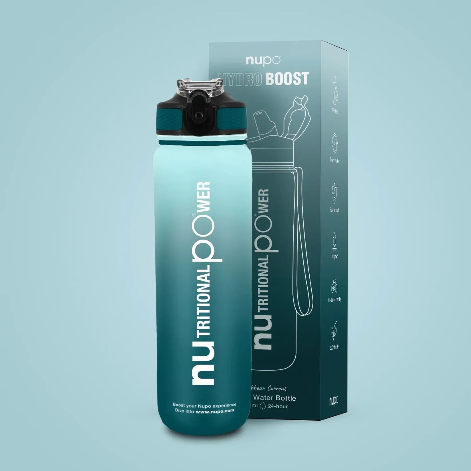 Wasserflasche mit Verpackung. Farbverlauf blau-grün. Aufdruck "nu TRITIONAL POWER".