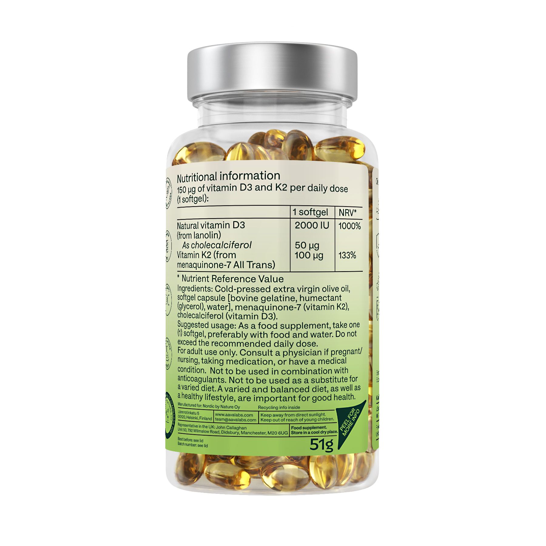 Rückseite des Kapselglases. Enthält Informationen zu Nährwerten, Inhaltsstoffen und Anwendung. 51g.