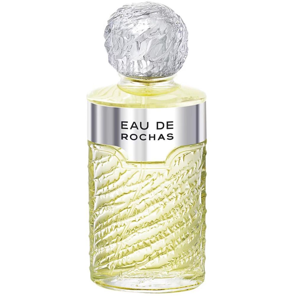 Eau de Rochas Flakon. Flakon mit silbernem Halsband und Deckel. Geriffelte Glasstruktur.