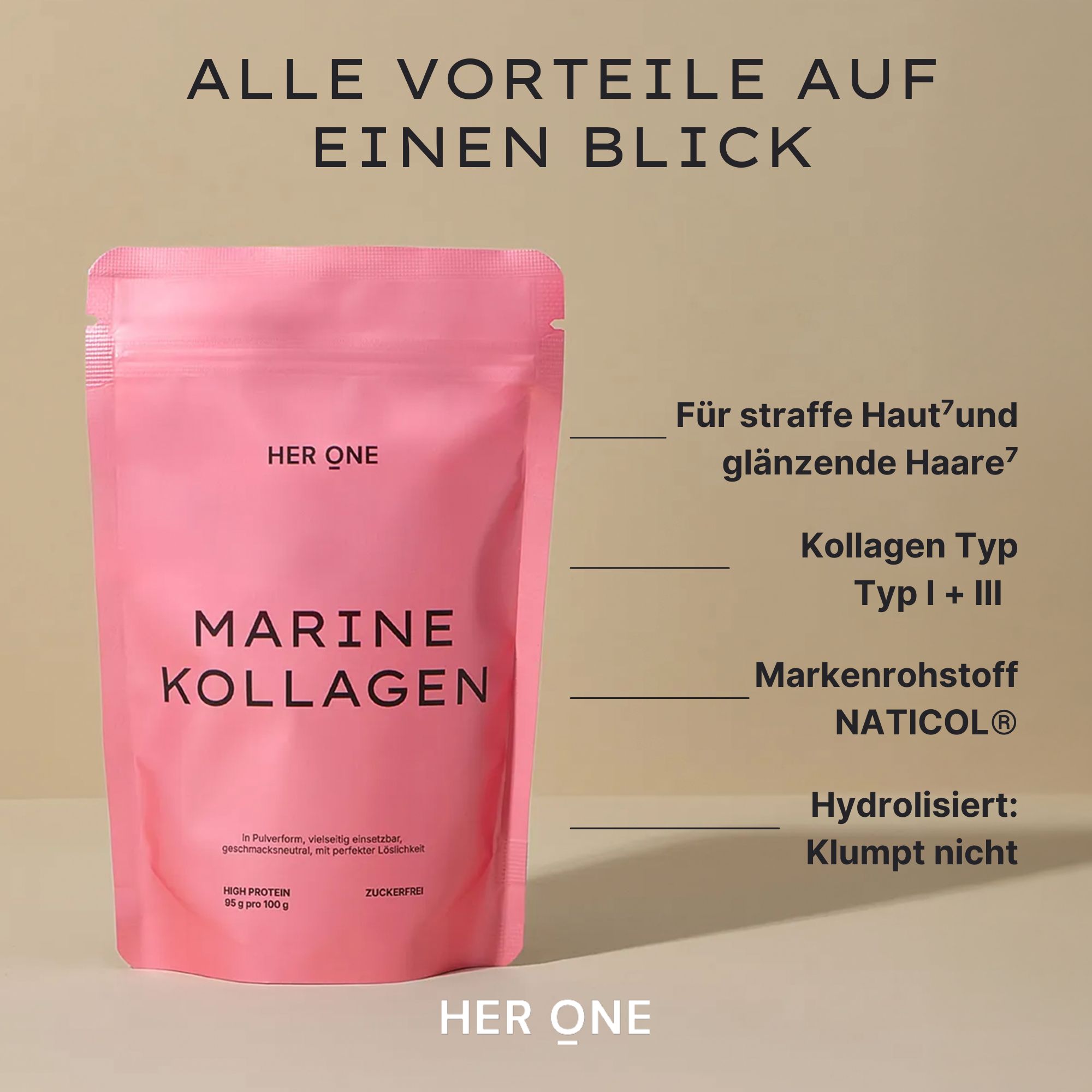 Rosa Beutel mit Aufschrift MARINE KOLLAGEN und HER ONE. Text: Für straffe Haut und glänzende Haare, Kollagen Typ I + III.