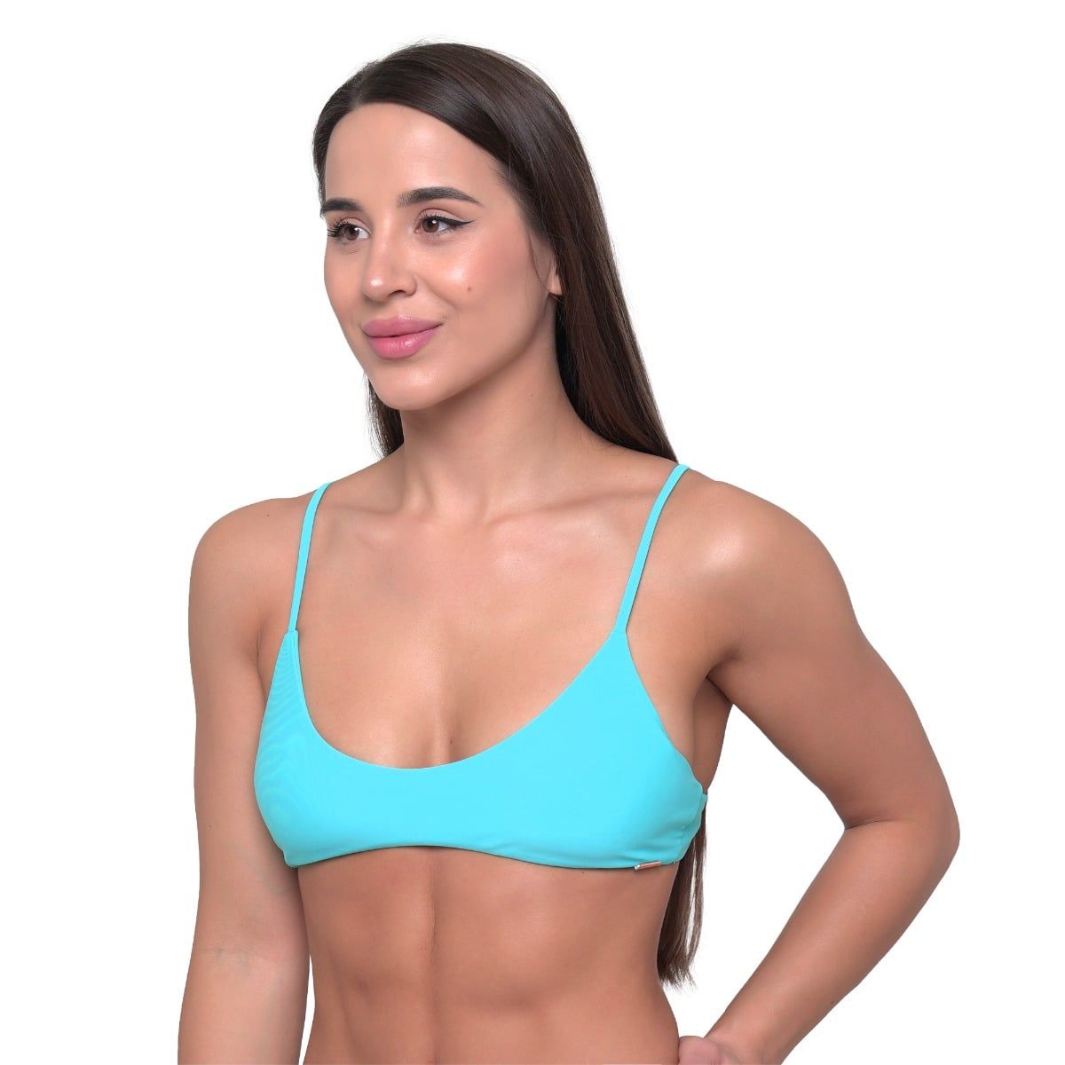 Aqua Bikini-Oberteil mit verstellbaren Trägern und U-Ausschnitt, von der Seite betrachtet.