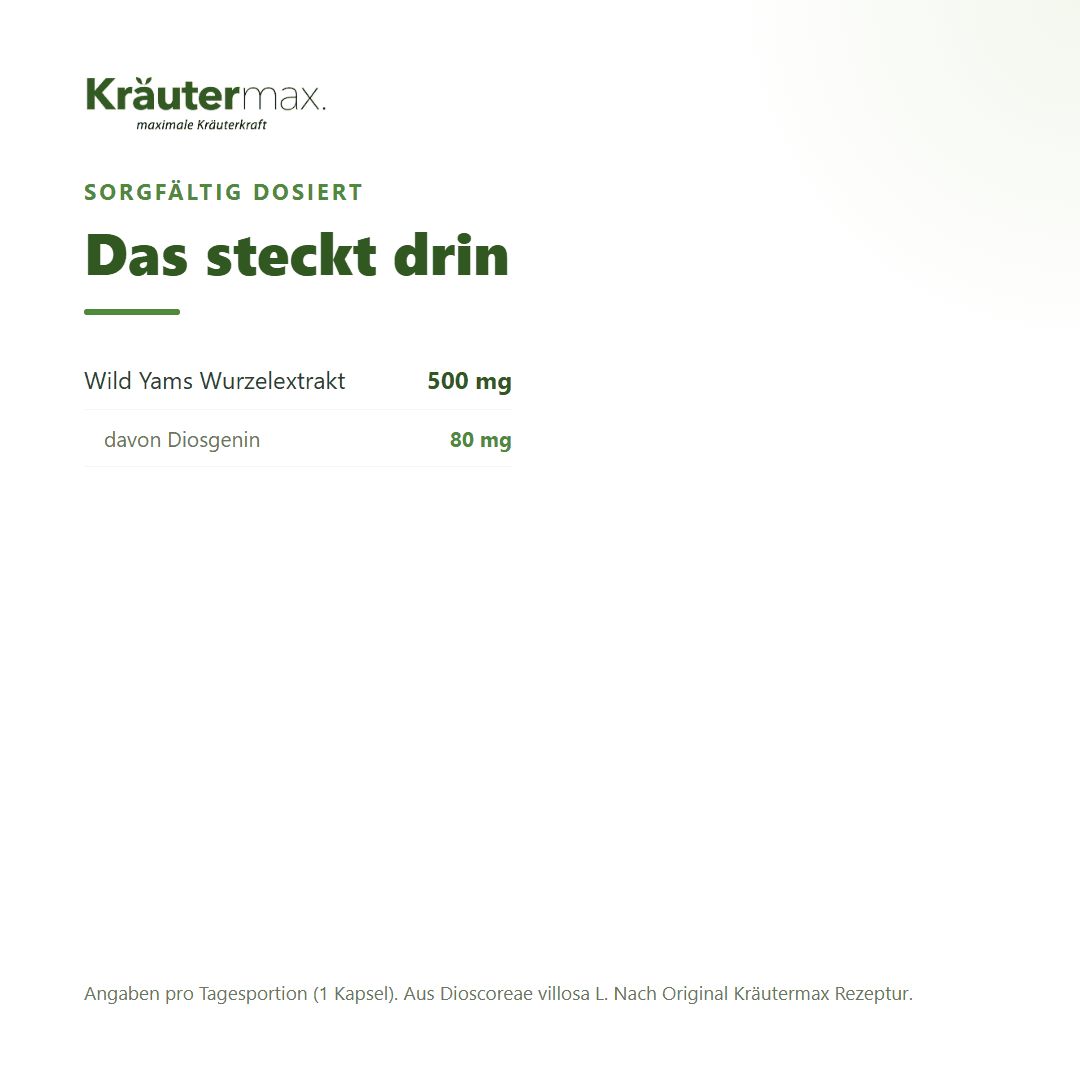 Kräutermax Yamswurzel Kapseln: Wild Yams Wurzel-Extrakt 500mg, davon Diosgenin 80mg.
