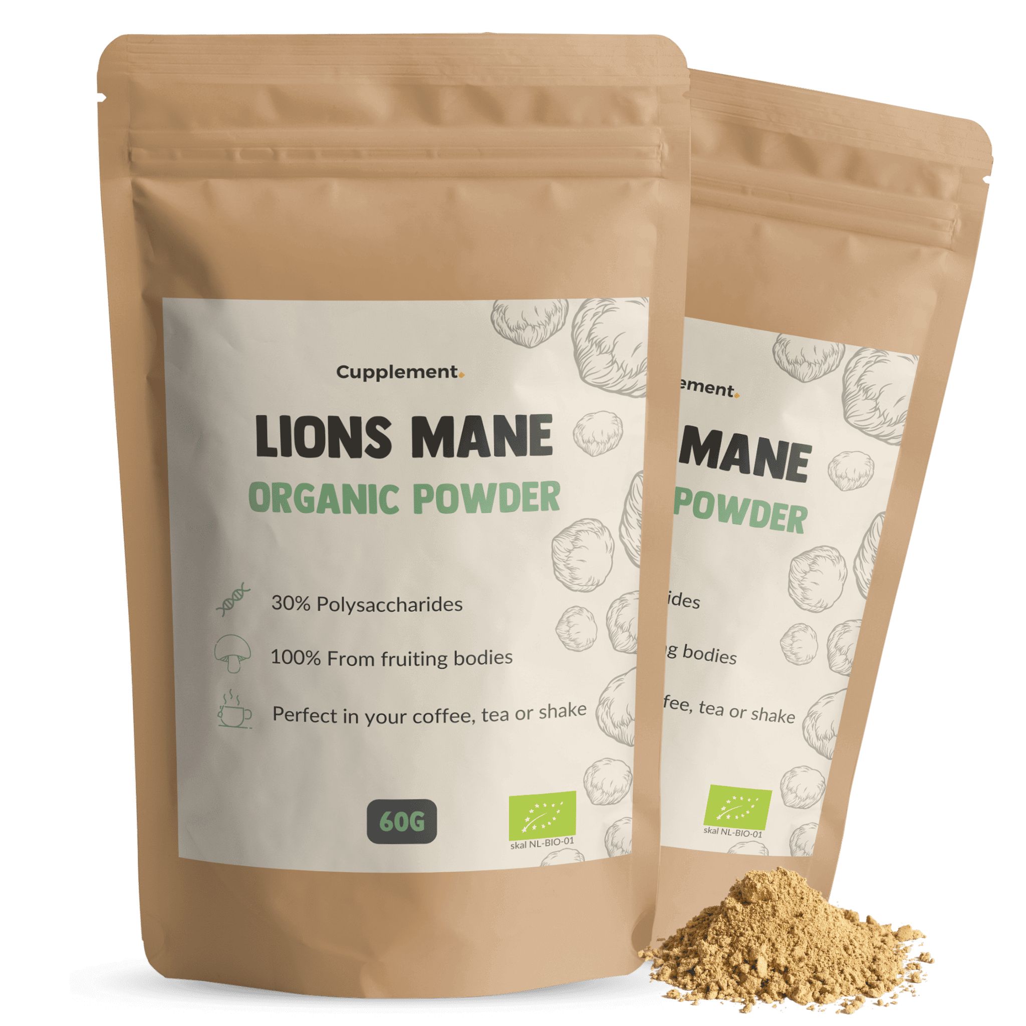 Zwei Beutel mit Löwenmähnen-Pulver. Aufschrift: LION'S MANE ORGANIC POWDER. BIO-Siegel. Pulver daneben.
