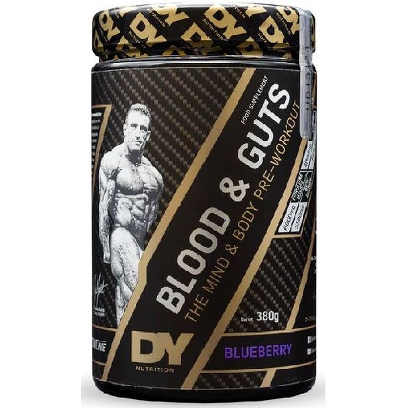 Dose DY Nutrition Blood & Guts, Pre-Workout-Nahrungsergänzungsmittel. Schwarze Dose mit goldfarbenen Akzenten, Text und einem Bild eines Mannes.