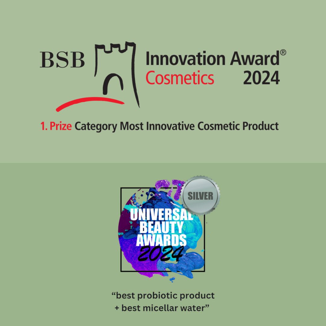 Auszeichnungen: BSB Innovation Award Cosmetics 2024. Universal Beauty Awards 2024. Text: best probiotic product + best micellar water.
