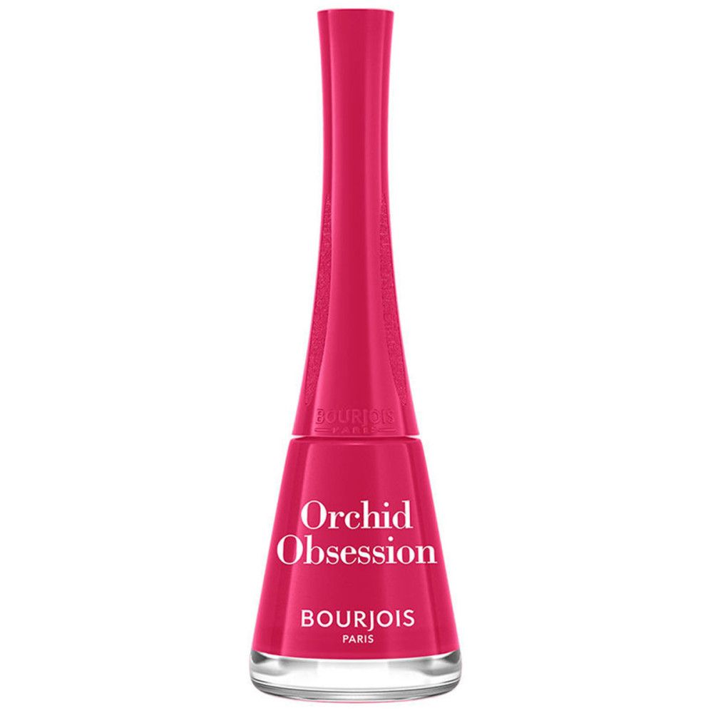 Pinkfarbene Nagellackflasche. Aufschrift: Orchid Obsession, Bourjois Paris. Transparente Glasflasche.