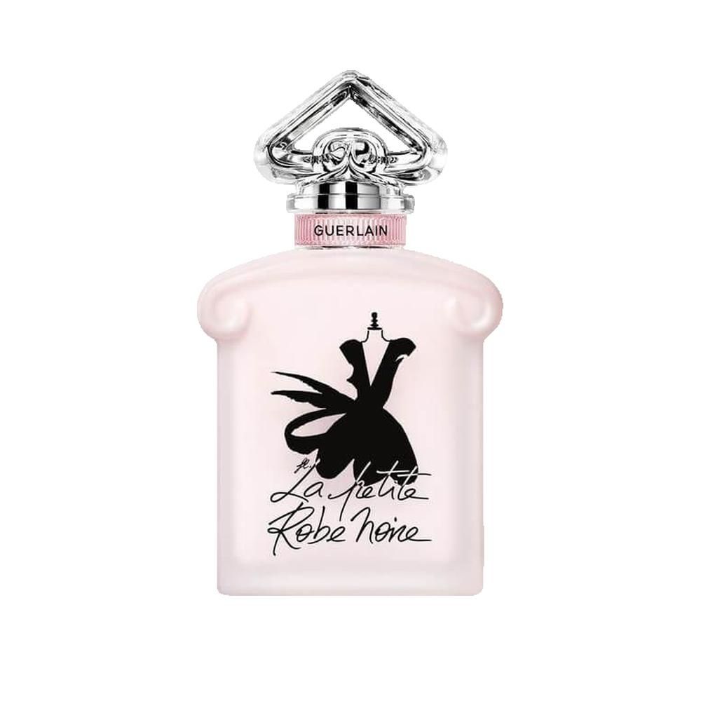 Rosa Flakon mit schwarzem Kleid-Design. Silberner Verschluss, Schriftzug Guerlain. La Petite Robe Noire.