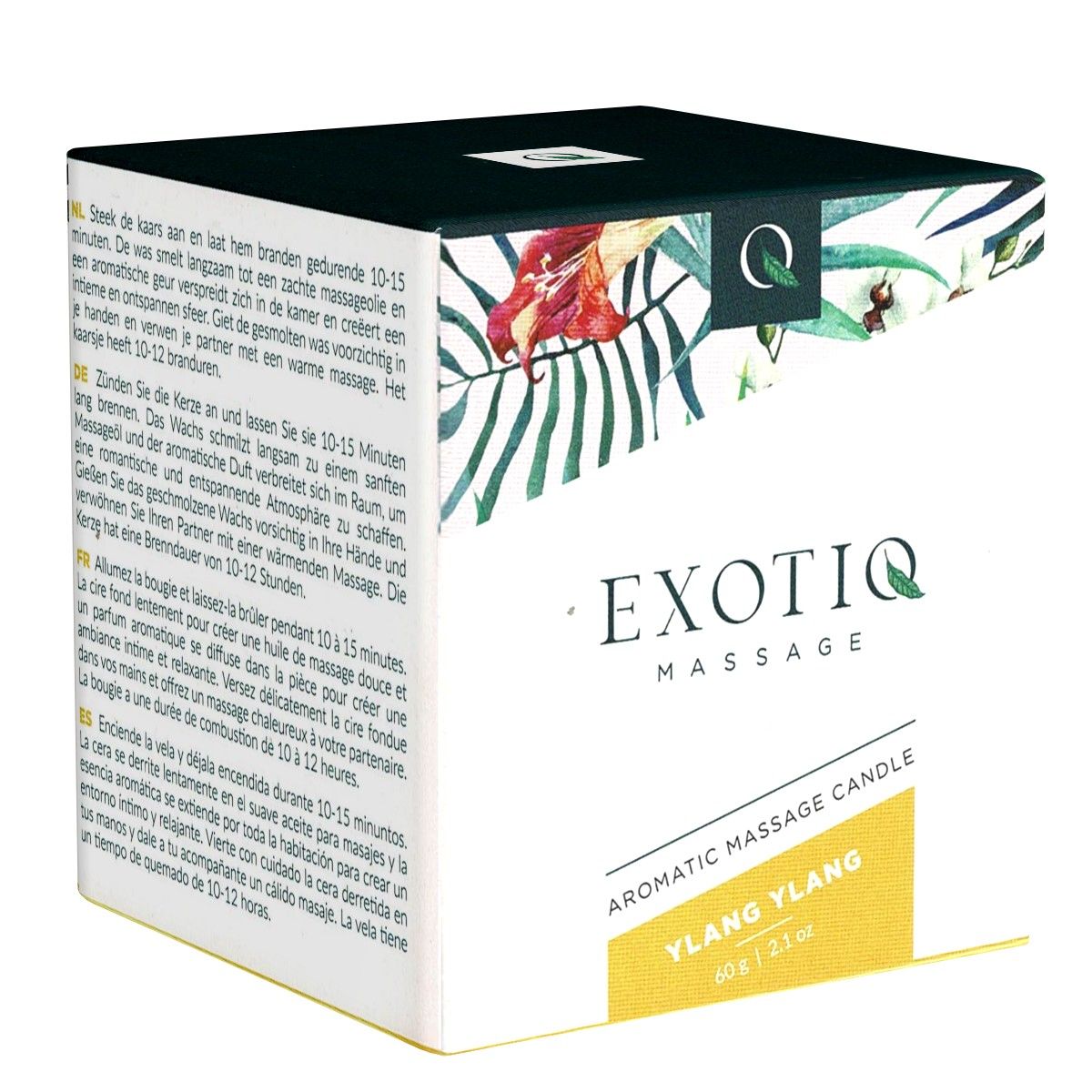 Quadratische Verpackung mit floralem Muster und Text. Aufschrift: EXOTIQ MASSAGE, AROMATIC MASSAGE CANDLE, YLANG YLANG.