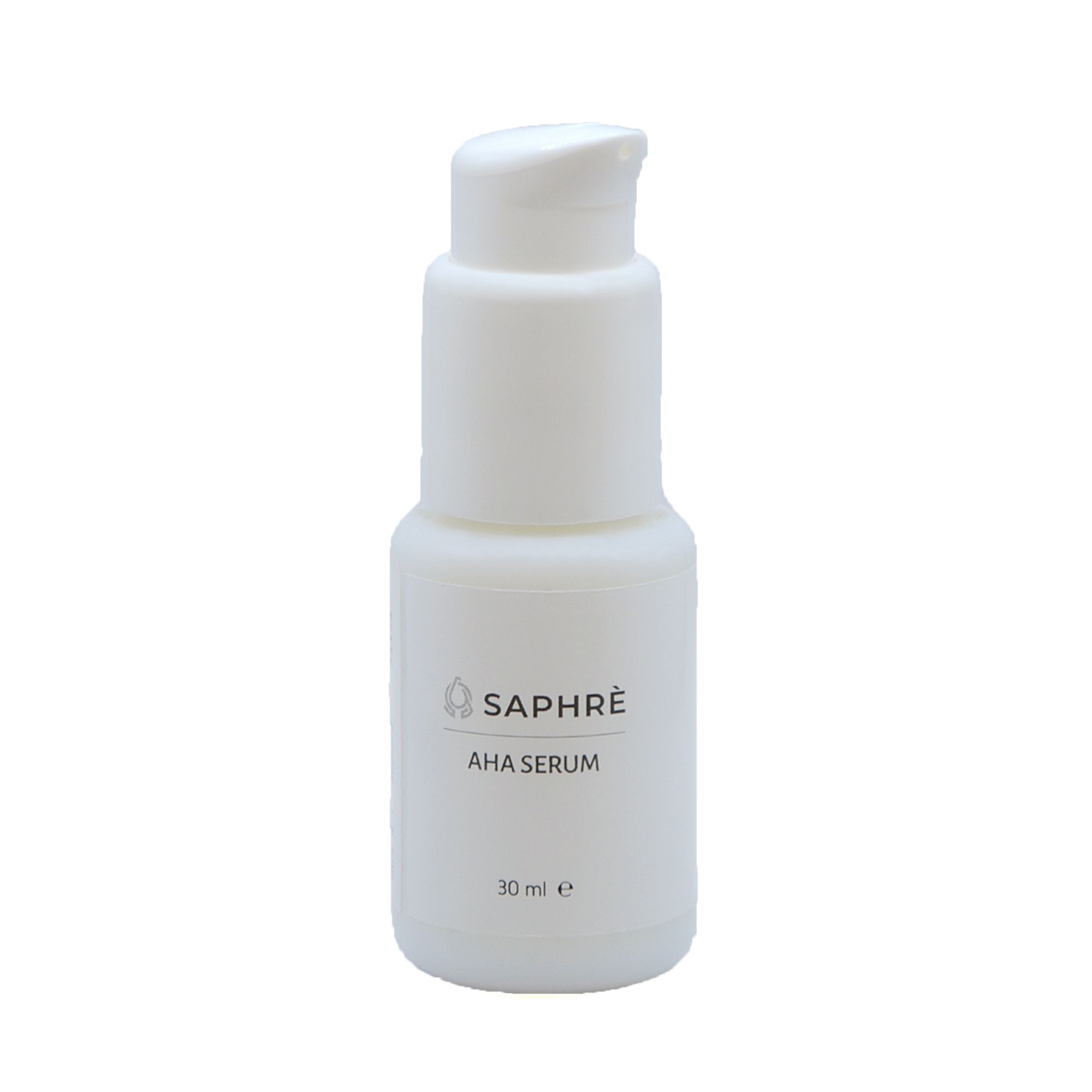 Weiße Flasche mit Pumpverschluss. Beschriftung: Saphre AHA Serum, 30 ml.