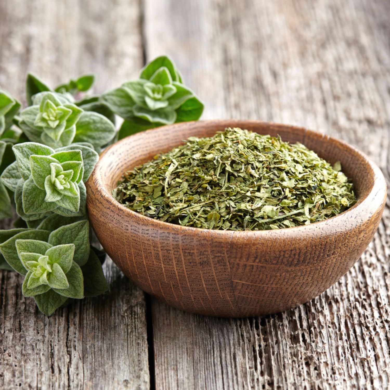 Holzschale mit getrockneten Kräutern, daneben frische Kräuter. Auf Holzuntergrund.