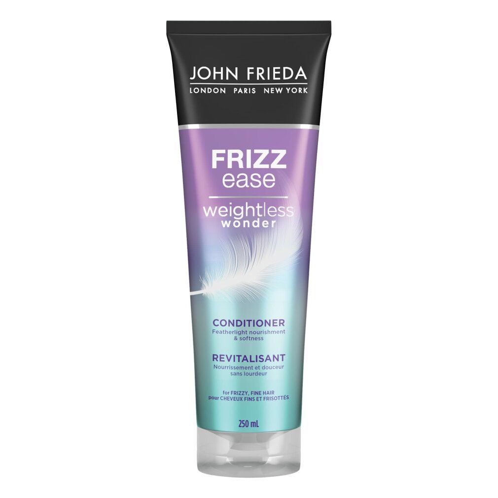 John Frieda Frizz Ease Conditioner Tube. Lila-grünes Design mit Text: Frizz Ease, Weightless Wonder, Conditioner. 250ml. Für feines, krauses Haar.