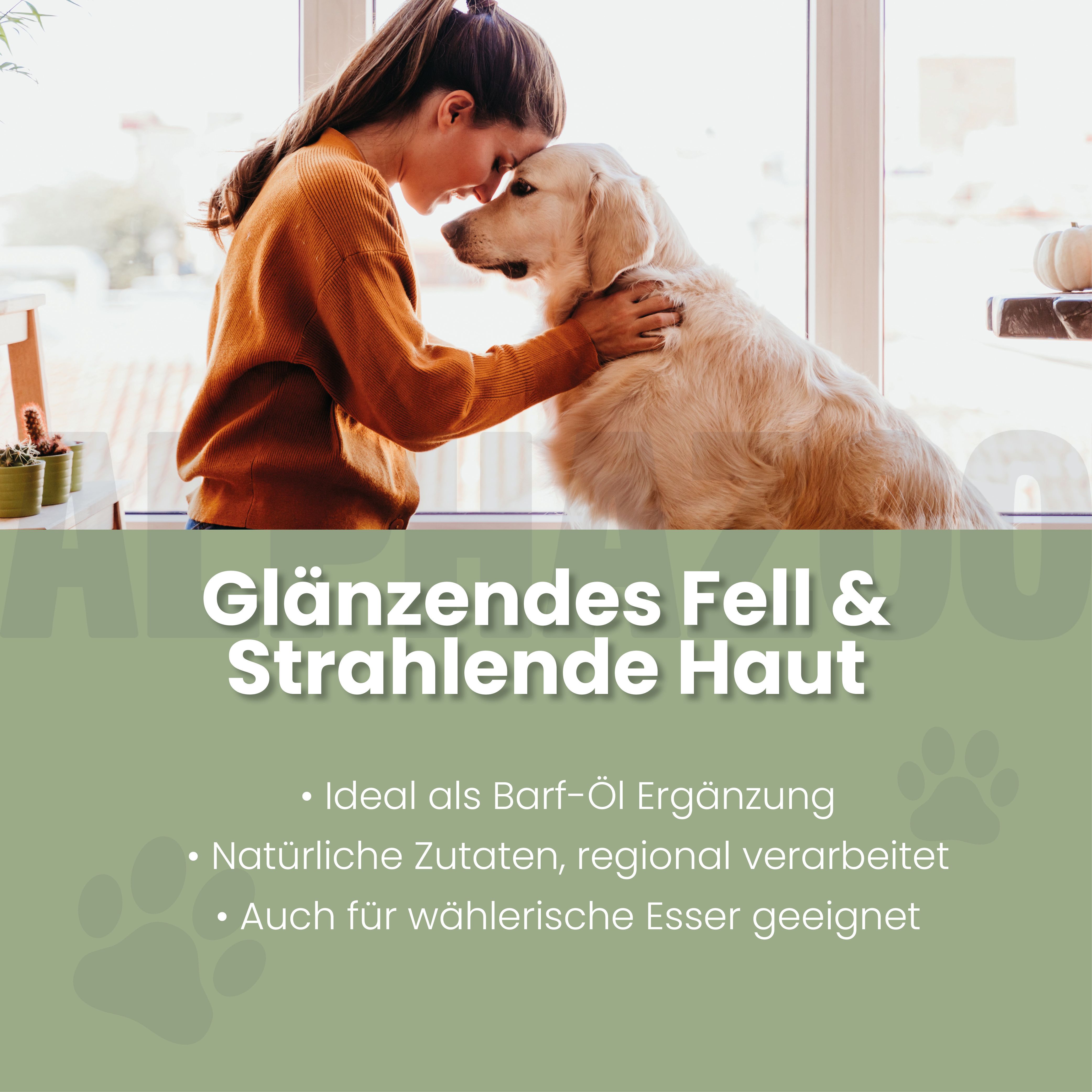 Frau umarmt Golden Retriever. Text: Glänzendes Fell & strahlende Haut. Ideal als Barf-Öl Ergänzung. Natürliche Zutaten, regional verarbeitet.