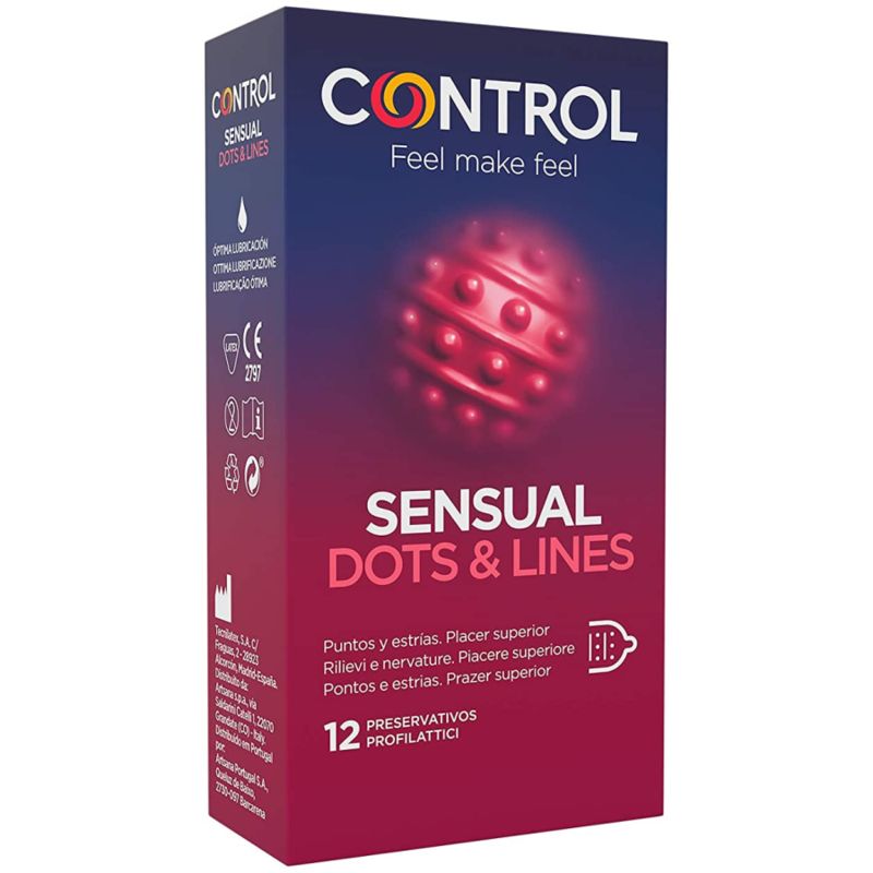 Verpackung von Control SENSUAL Dots & Lines. Rote Schachtel mit Produktnamen und 12 Stück. Sichtbar: Punkte und Linien.