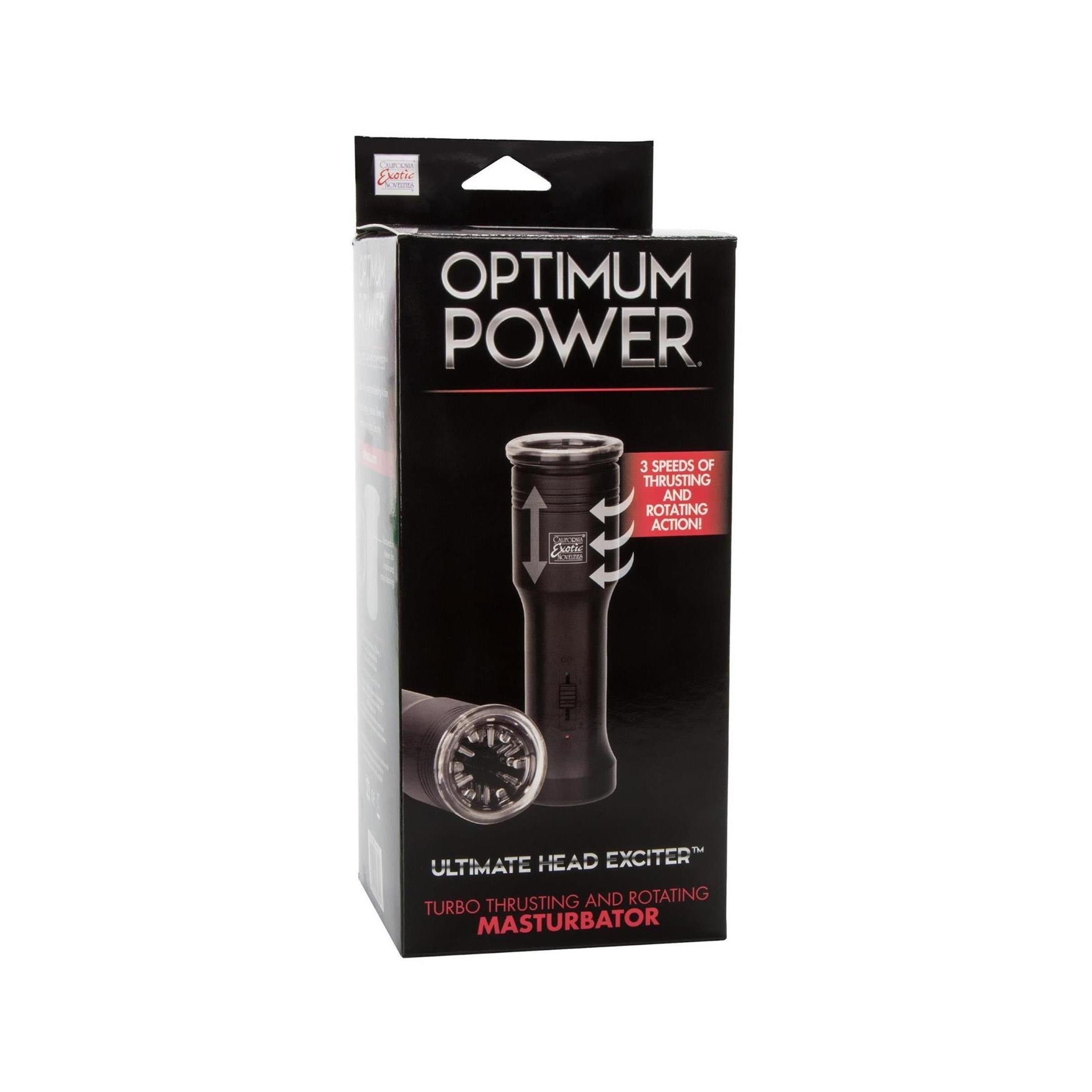 Verkaufsverpackung für "Optimum Power" Masturbator. Zeigt Produkt und "Turbo Thrusting and Rotating Action".