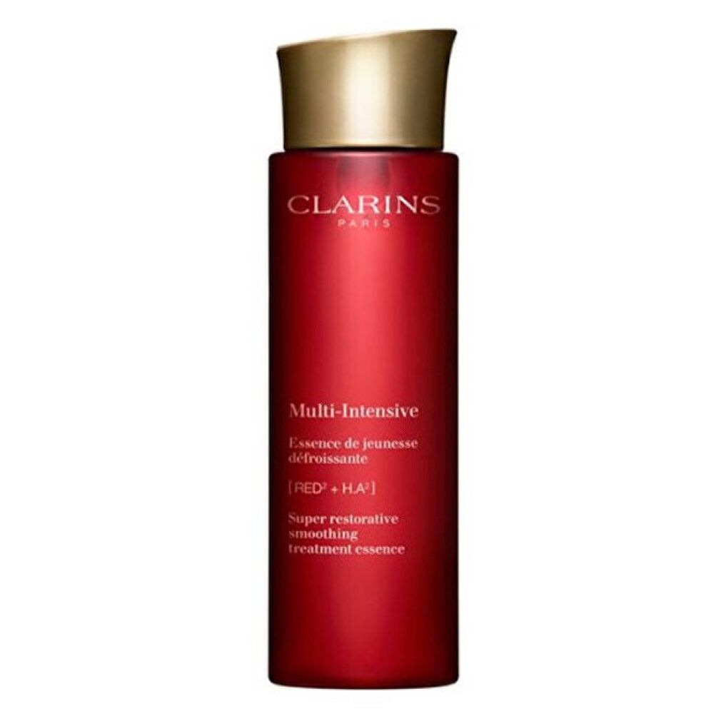 Clarins Multi-Intensive Behandlung Essence in roter Flasche mit goldenem Verschluss, Frontansicht.
