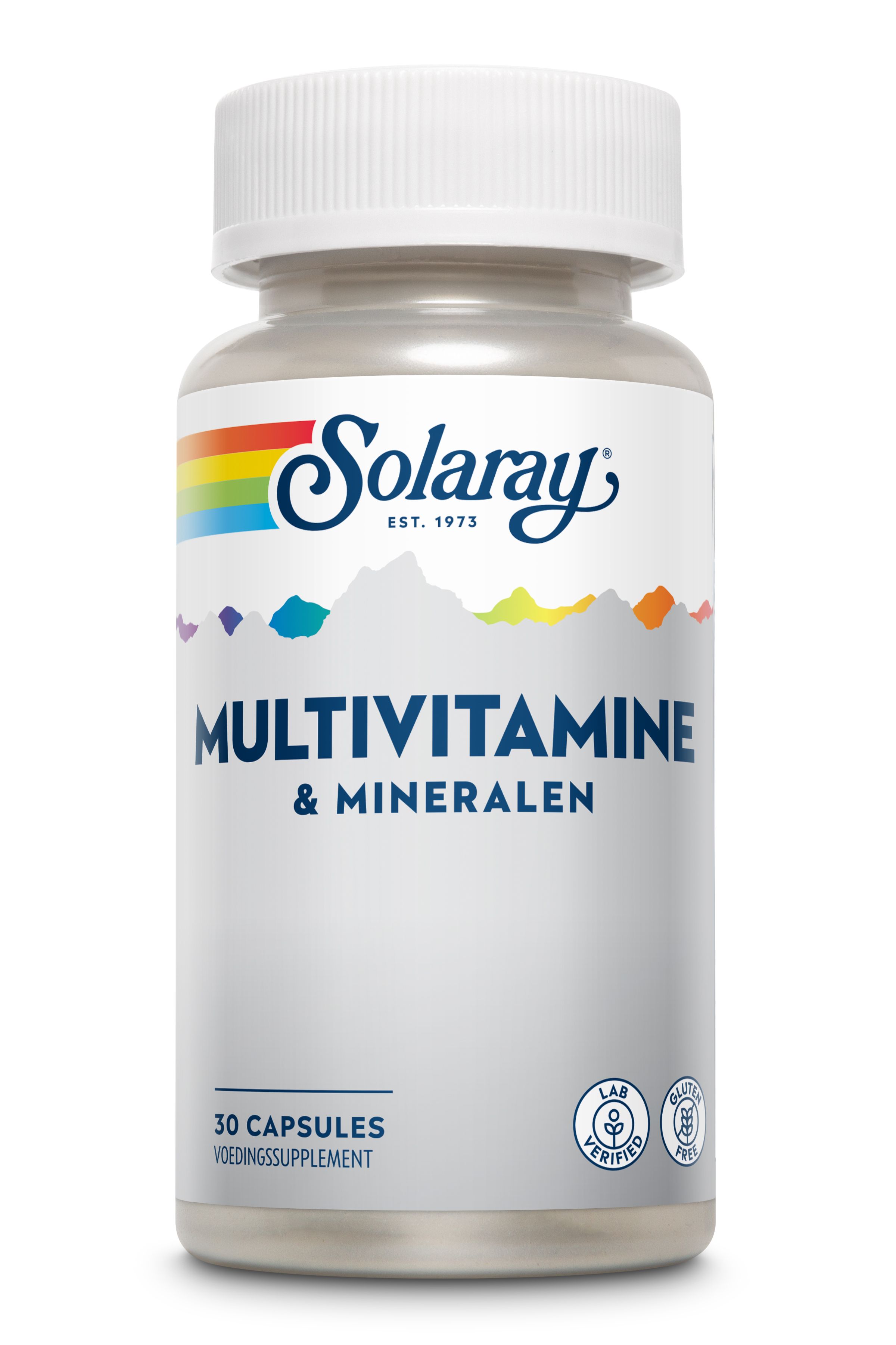Eine Flasche Solaray Multivitamine. Weißer Deckel, weißes Etikett mit Logo, Regenbogen und Text. 30 Kapseln, Laborgeprüft, glutenfrei.