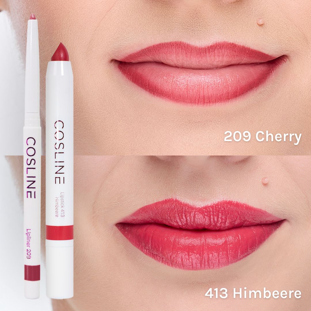 Vorher-Nachher-Vergleich von zwei Lippenstiftfarben auf Lippen.