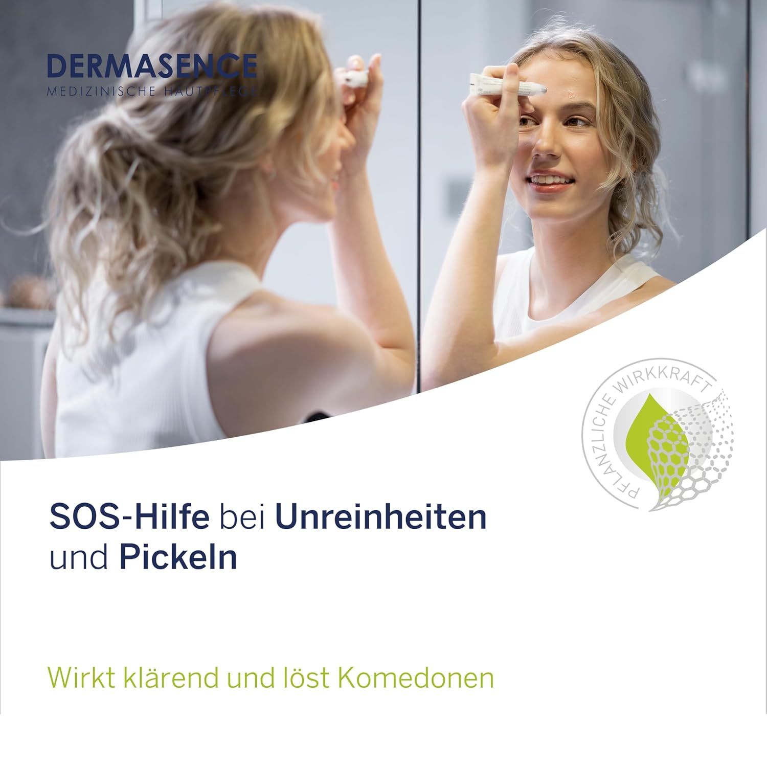 Frau vor Spiegel. Sie hält Seborra Pickel-Akutroller. Text: SOS-Hilfe bei Unreinheiten und Pickeln. Wirkt klärend und löst Komedonen.