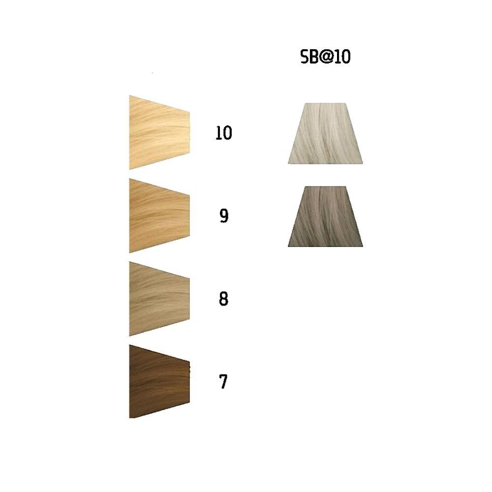 Farbproben von Haarfarben in verschiedenen Blondtönen. Farbnummern von 7 bis 10. Oben rechts: SB@10.