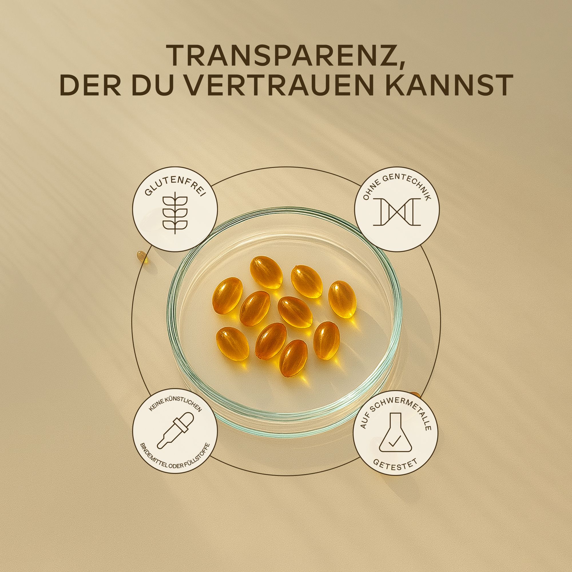 Glasplatte mit gelben Softgels. Symbole: glutenfrei, ohne Gentechnik, keine künstlichen Zusätze, auf Schwermetalle getestet.