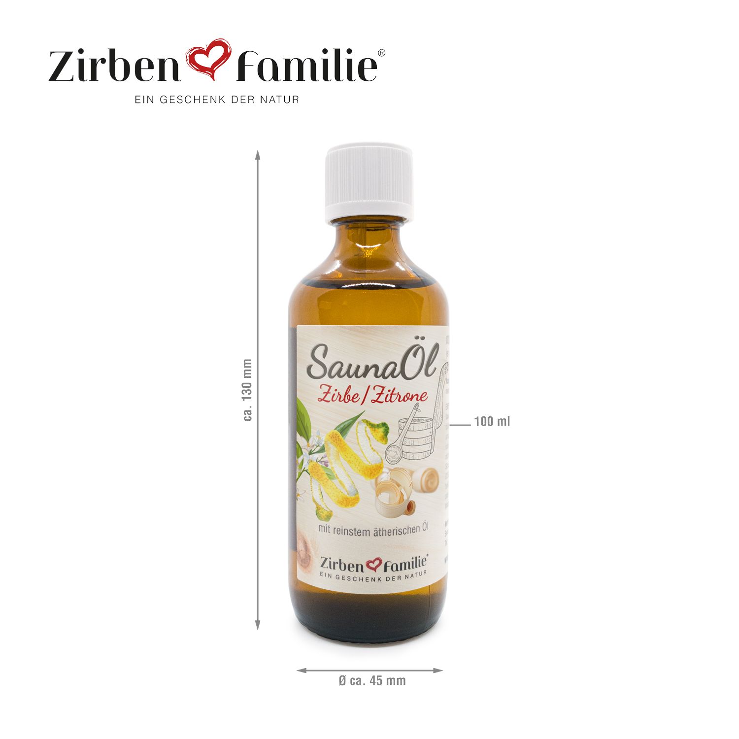 Braune Glasflasche mit weißem Deckel. Etikett mit Produktname SaunaÖl Zirbe/Zitrone. Maße: ca. 130 mm hoch, 8 x 45 mm. 100 ml.