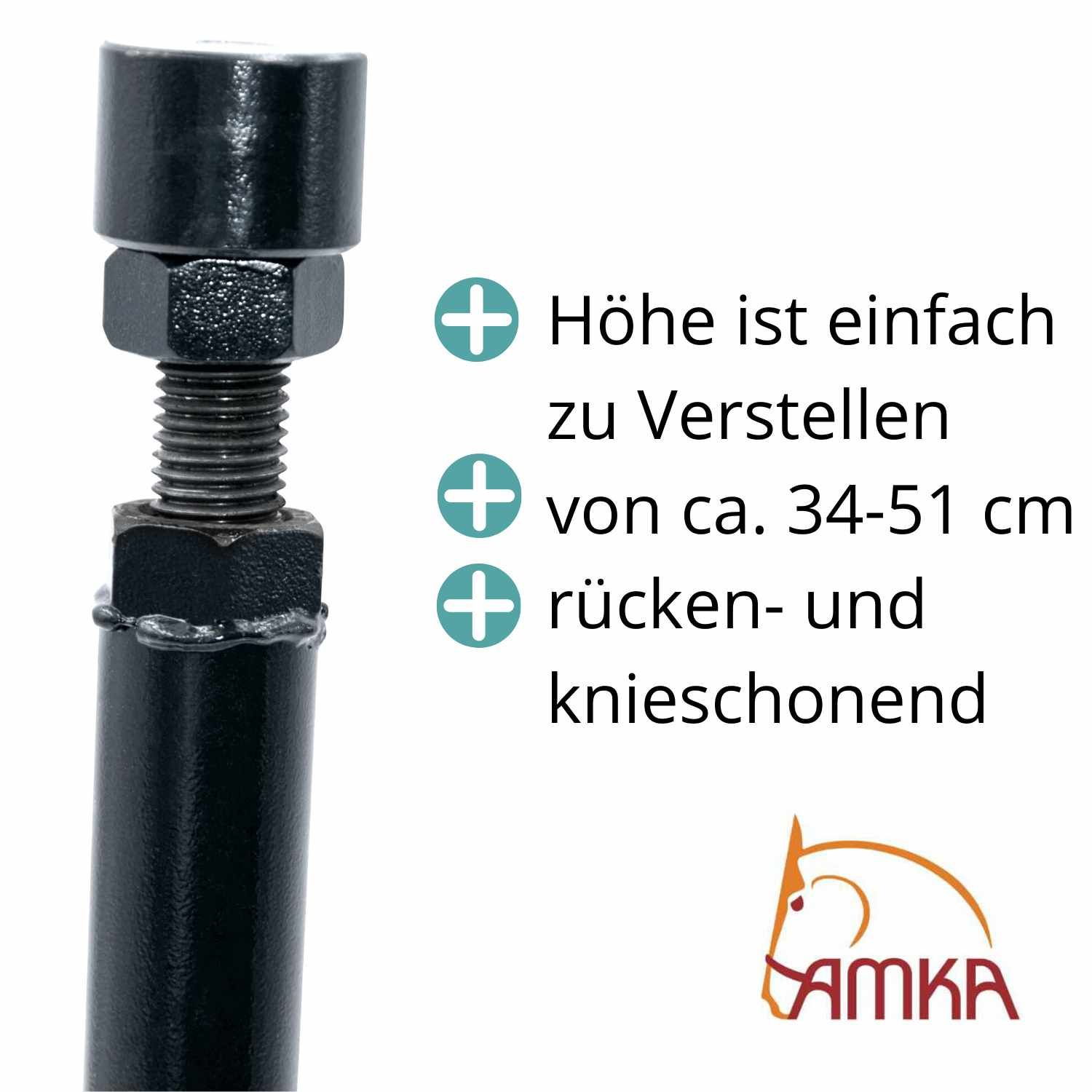 Schwarzer Hufbock mit Gewindeeinstellung. Text: Höhe einstellbar von ca. 34-51 cm, rücken- und knieschonend. AMKA Logo.