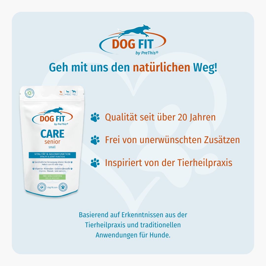 Hintergrund mit DOG FIT Logo und CARE senior. Text: Qualität seit über 20 Jahren, frei von unerwünschten Zusätzen.