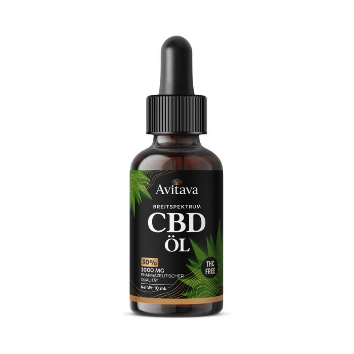 Avitava CBD Öl Flasche mit Pipette. Breitspektrum, THC-frei, 3000 mg, pharmazeutische Qualität.