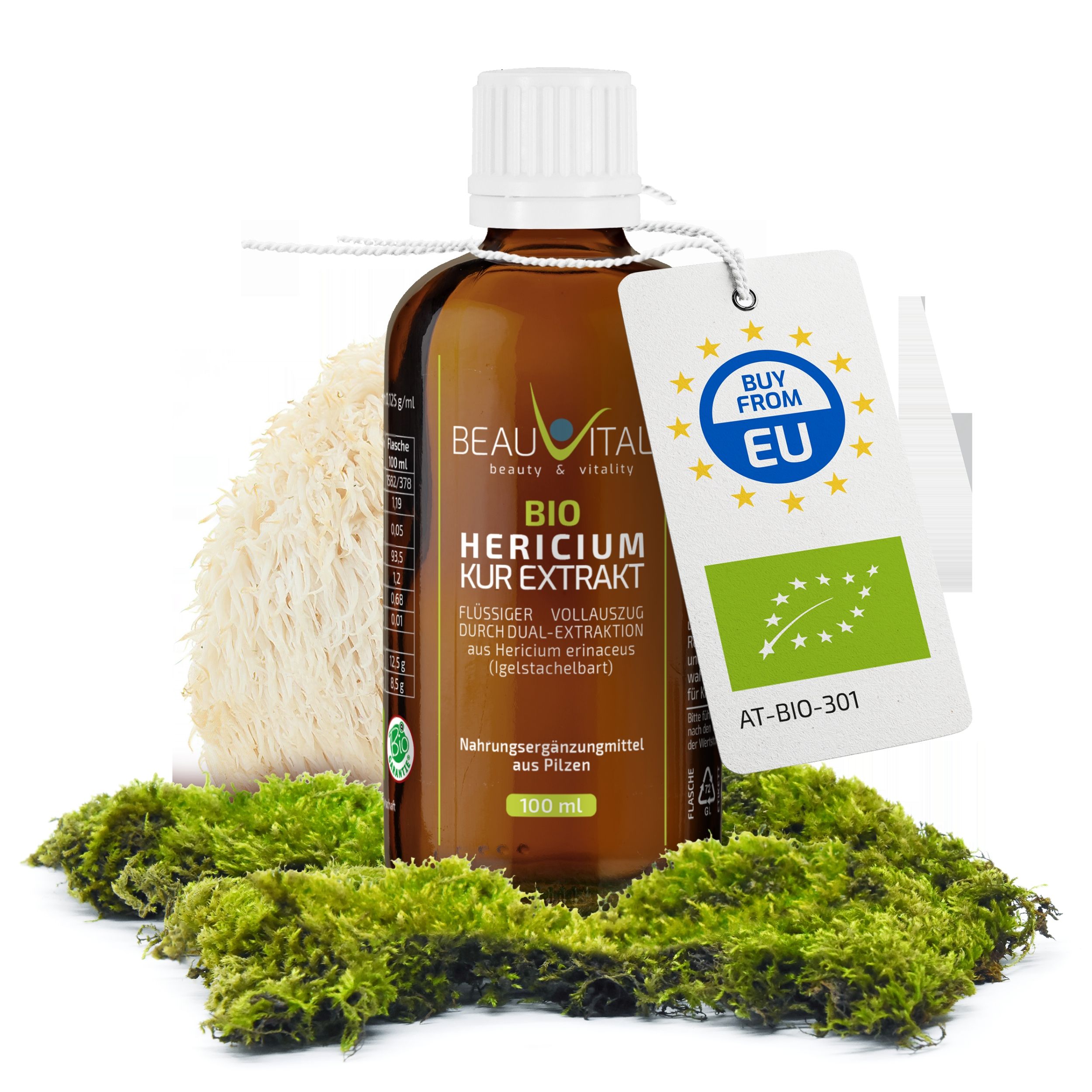 BEAUVITAL® Bio Hericium Kur Extrakt Flasche mit Etikett und Bio-Siegeln.