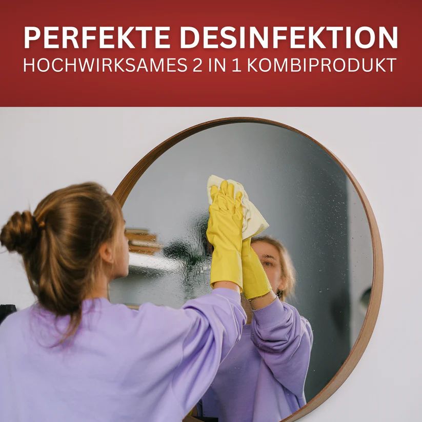 Frau putzt Spiegel mit gelben Handschuhen. Text: Perfekte Desinfektion, hochwirksames 2 in 1 Kombiprodukt.