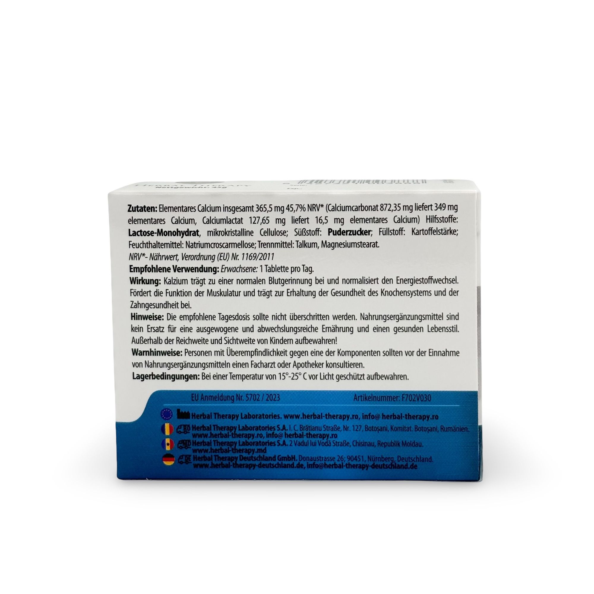 Rückseite der Herbal Therapy KALZIUM 1000 mg Packung. Enthält Informationen zu Inhaltsstoffen, Anwendung und Warnhinweisen.