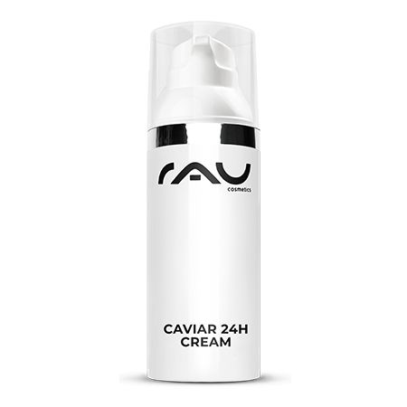 Weiße Flasche mit schwarzem Text: RAU cosmetics. Caviar 24H Cream. Pumpverschluss.
