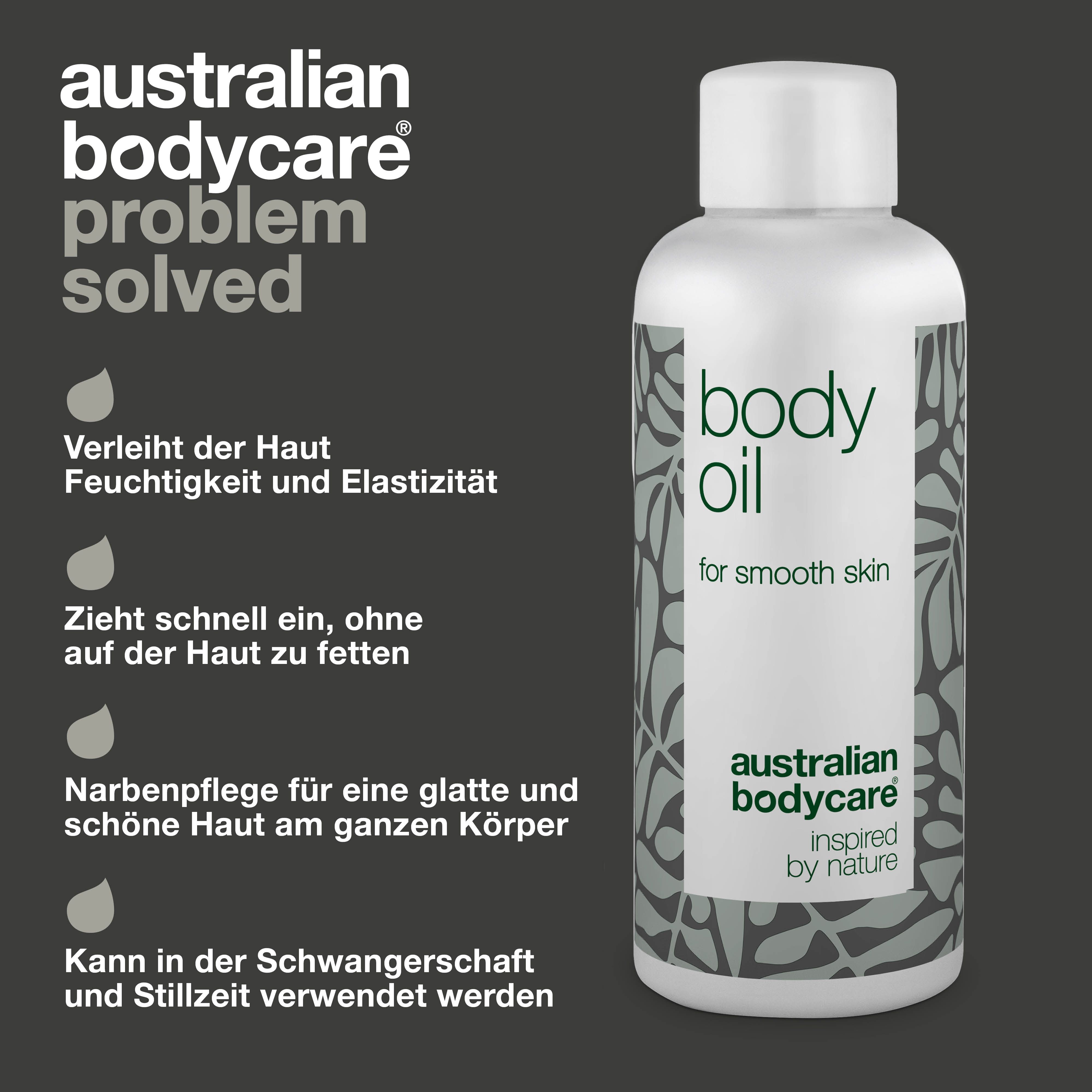 Flasche mit Text. Aufschrift: body oil, for smooth skin, australian bodycare. Text über Vorteile.