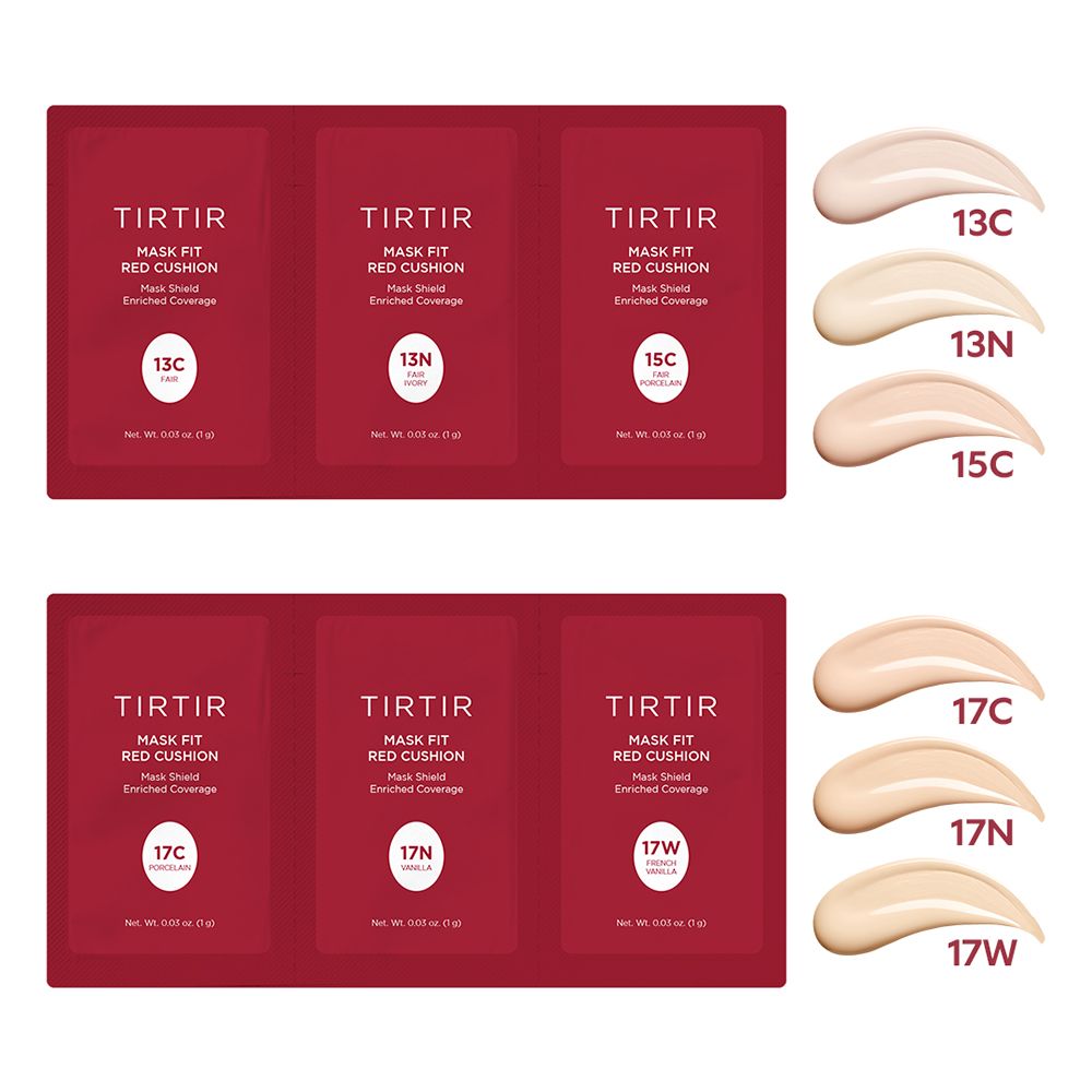 Sechs kleine, rote Verpackungen und sechs Farbmuster. Text: TIRTIR, Mask Fit Red Cushion, Mask Shield Enriched Coverage. Farbtöne: 13C, 13N, 15C, 17C, 17N, 17W.